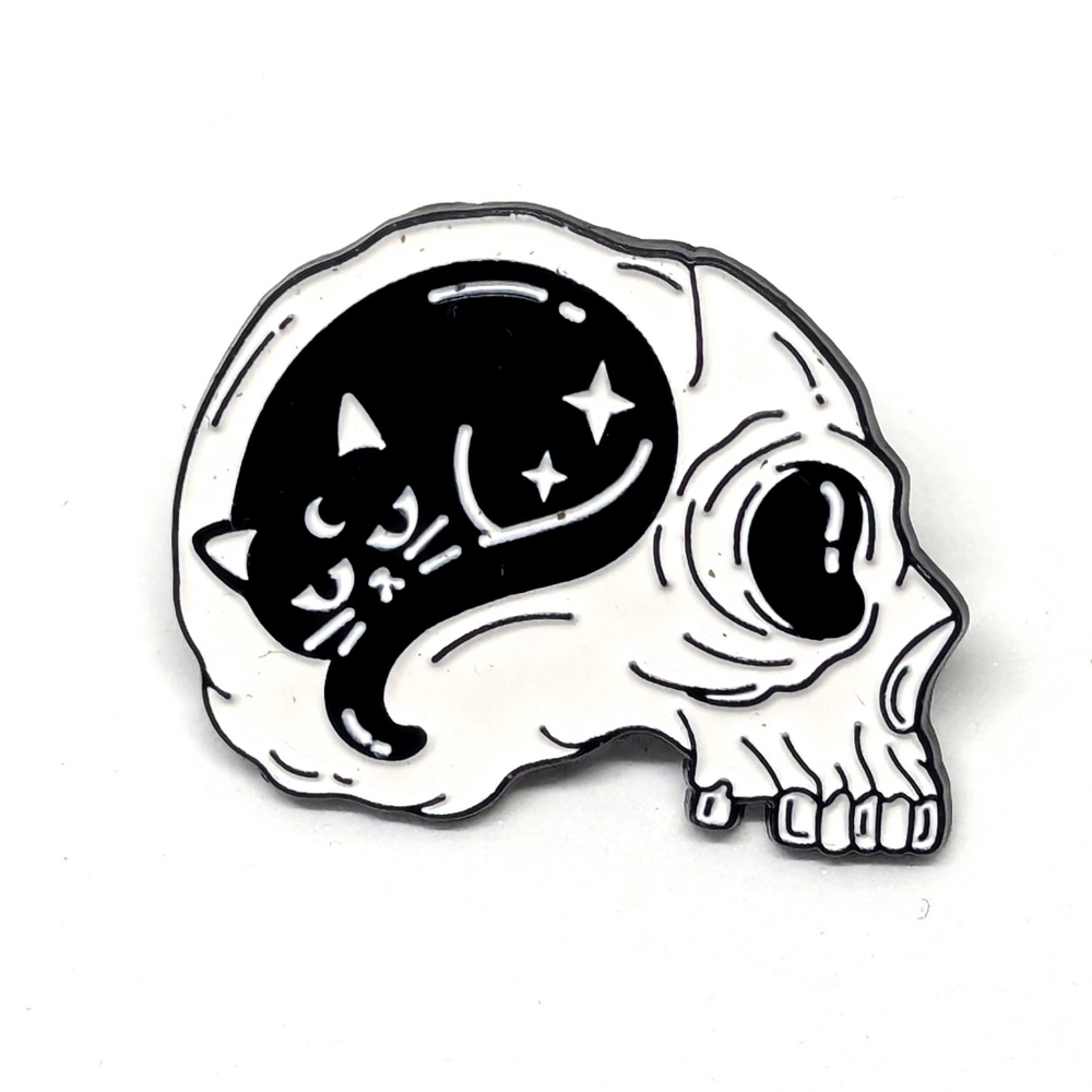 Black Cat in White Skull Pin